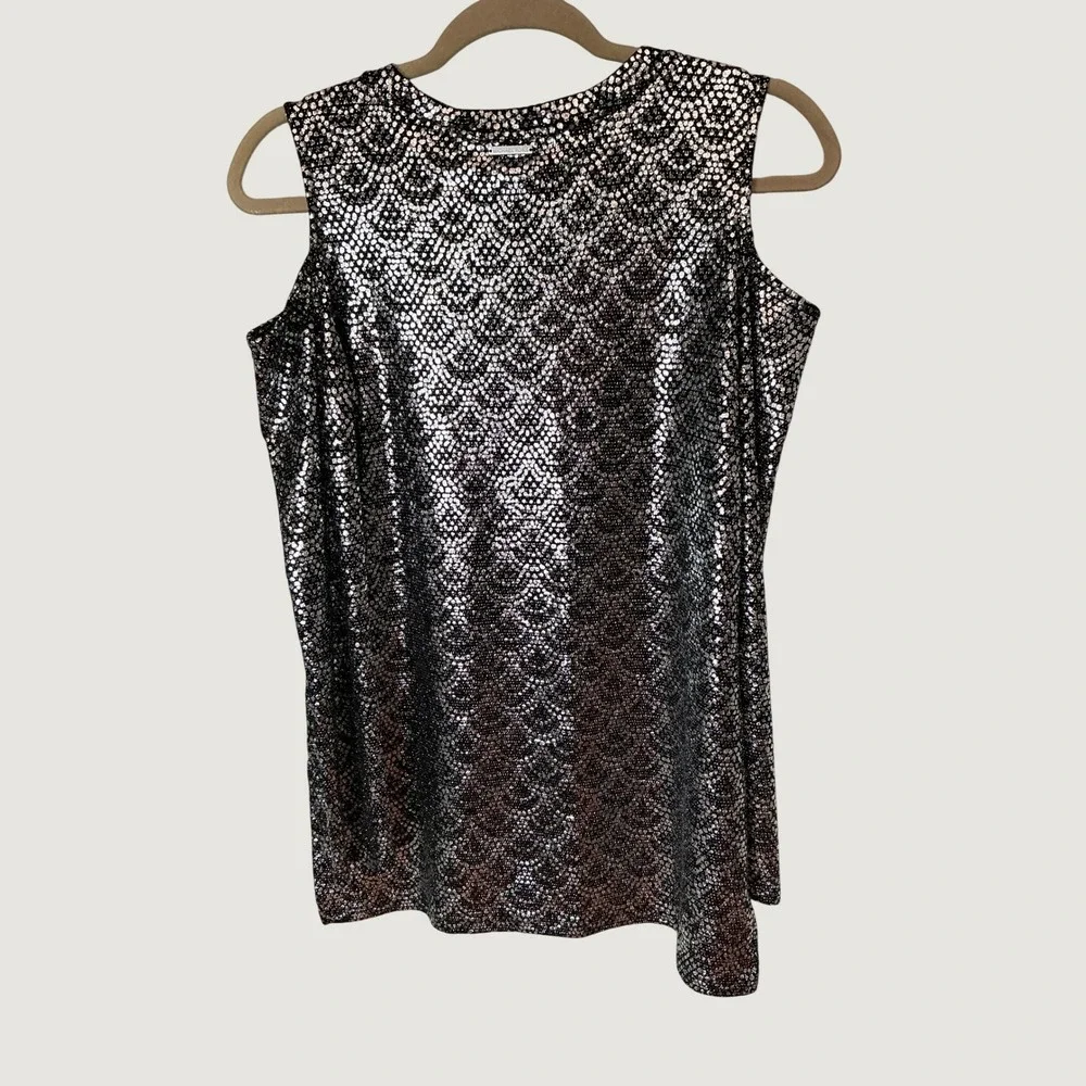 Michael Kors Womens Black Silver Metallic Cold Shoulder Scallop Tunic Top Medium